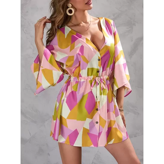 Buttoned Drawstring Printed A-Line Half Sleeves V-Neck Mini Dresses Buttoned Drawstring Printed A-Line Half Sleeves V-Neck Mini Dresses
