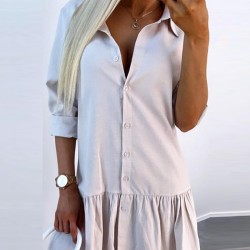 Buttoned Pleated Solid Color Split-Joint Long Sleeves Loose Lapel Shirt Dress Mini Dresses