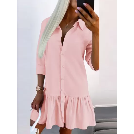 Buttoned Pleated Solid Color Split-Joint Long Sleeves Loose Lapel Shirt Dress Mini Dresses Buttoned Pleated Solid Color Split-Joint Long Sleeves Loose Lapel Shirt Dress Mini Dresses