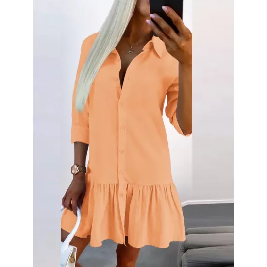 Buttoned Pleated Solid Color Split-Joint Long Sleeves Loose Lapel Shirt Dress Mini Dresses Buttoned Pleated Solid Color Split-Joint Long Sleeves Loose Lapel Shirt Dress Mini Dresses