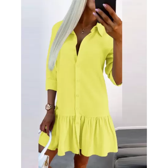 Buttoned Pleated Solid Color Split-Joint Long Sleeves Loose Lapel Shirt Dress Mini Dresses Buttoned Pleated Solid Color Split-Joint Long Sleeves Loose Lapel Shirt Dress Mini Dresses