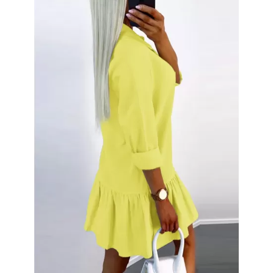 Buttoned Pleated Solid Color Split-Joint Long Sleeves Loose Lapel Shirt Dress Mini Dresses Buttoned Pleated Solid Color Split-Joint Long Sleeves Loose Lapel Shirt Dress Mini Dresses