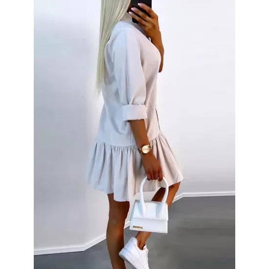 Buttoned Pleated Solid Color Split-Joint Long Sleeves Loose Lapel Shirt Dress Mini Dresses Buttoned Pleated Solid Color Split-Joint Long Sleeves Loose Lapel Shirt Dress Mini Dresses