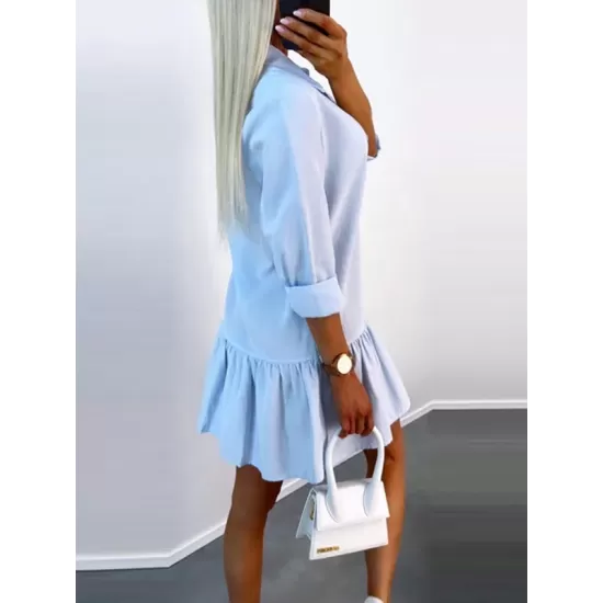 Buttoned Pleated Solid Color Split-Joint Long Sleeves Loose Lapel Shirt Dress Mini Dresses Buttoned Pleated Solid Color Split-Joint Long Sleeves Loose Lapel Shirt Dress Mini Dresses