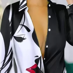 Figure Printed Long Sleeves Loose Lapel Shirt Dress Mini Dresses