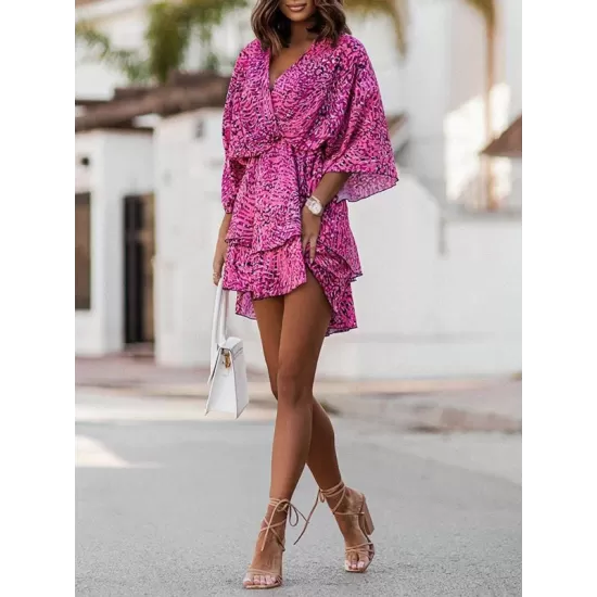 Double Layered Elasticity Printed A-Line High Waisted V-Neck Mini Dresses Double Layered Elasticity Printed A-Line High Waisted V-Neck Mini Dresses