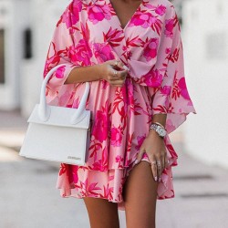 Double Layered Elasticity Flower Print A-Line High Waisted V-Neck Mini Dresses
