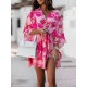 Double Layered Elasticity Flower Print A-Line High Waisted V-Neck Mini Dresses Double Layered Elasticity Flower Print A-Line High Waisted V-Neck Mini Dresses