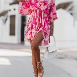 Double Layered Elasticity Flower Print A-Line High Waisted V-Neck Mini Dresses