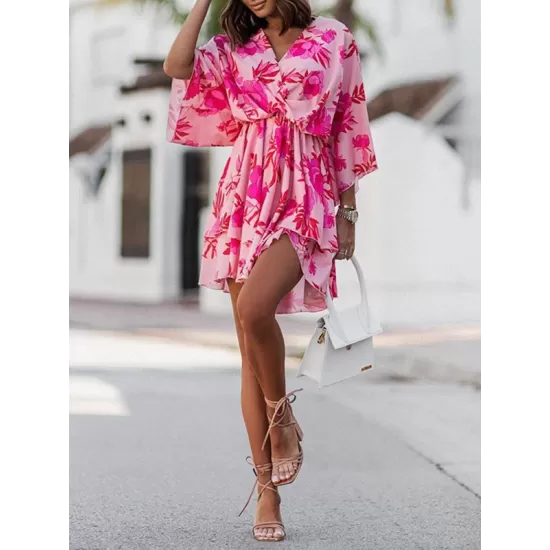 Double Layered Elasticity Flower Print A-Line High Waisted V-Neck Mini Dresses Double Layered Elasticity Flower Print A-Line High Waisted V-Neck Mini Dresses