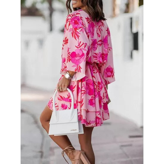 Double Layered Elasticity Flower Print A-Line High Waisted V-Neck Mini Dresses Double Layered Elasticity Flower Print A-Line High Waisted V-Neck Mini Dresses