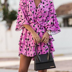 Double Layered Elasticity Leopard Printed A-Line High Waisted V-Neck Mini Dresses
