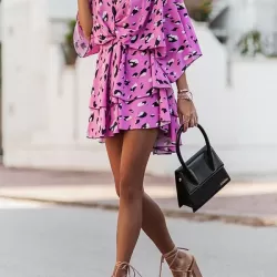 Double Layered Elasticity Leopard Printed A-Line High Waisted V-Neck Mini Dresses