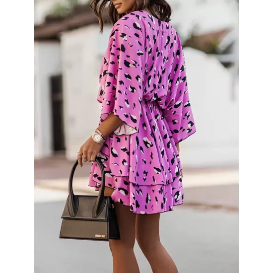 Double Layered Elasticity Leopard Printed A-Line High Waisted V-Neck Mini Dresses Double Layered Elasticity Leopard Printed A-Line High Waisted V-Neck Mini Dresses