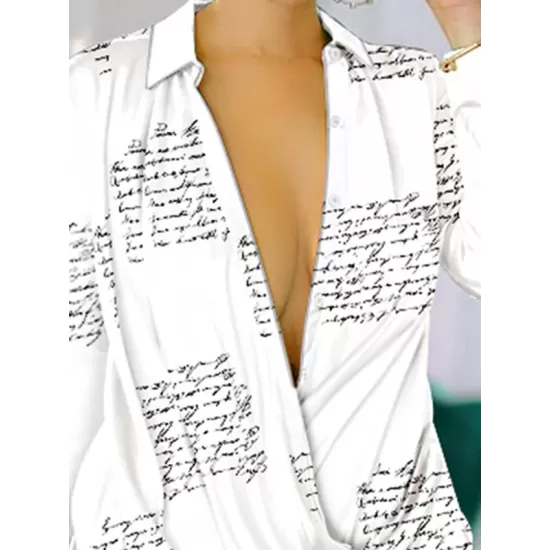 Letter Print High-low Long Sleeves Lapel Shirt Dress Mini Dresses Letter Print High-low Long Sleeves Lapel Shirt Dress Mini Dresses