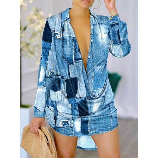 Printed High-Low Long Sleeves Lapel Shirt Dress Mini Dresses Printed High-Low Long Sleeves Lapel Shirt Dress Mini Dresses