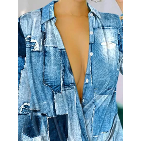 Printed High-Low Long Sleeves Lapel Shirt Dress Mini Dresses Printed High-Low Long Sleeves Lapel Shirt Dress Mini Dresses