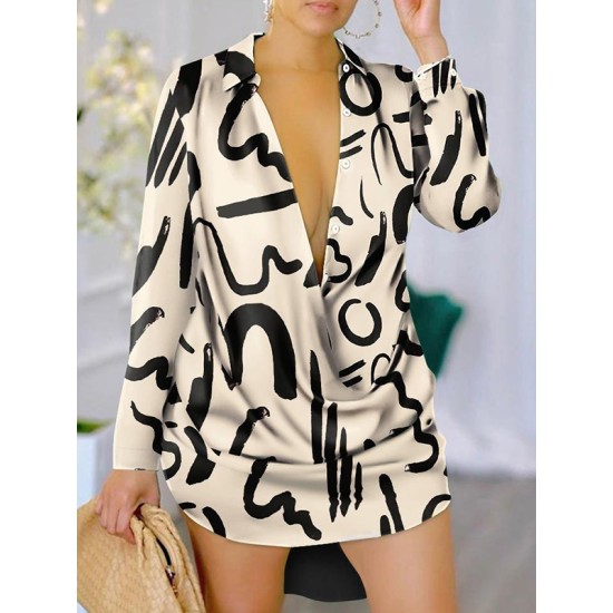 Figure Printed Long Sleeves Loose Lapel Shirt Dress Mini Dresses Figure Printed Long Sleeves Loose Lapel Shirt Dress Mini Dresses