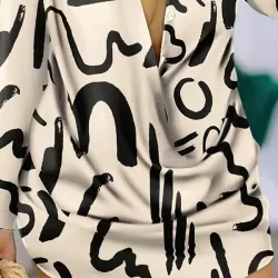 Figure Printed Long Sleeves Loose Lapel Shirt Dress Mini Dresses