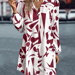 Printed Split-Joint Loose Puff Sleeves Lapel Shirt Dress Mini Dresses