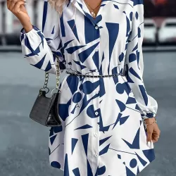 Printed Split-Joint Loose Puff Sleeves Lapel Shirt Dress Mini Dresses
