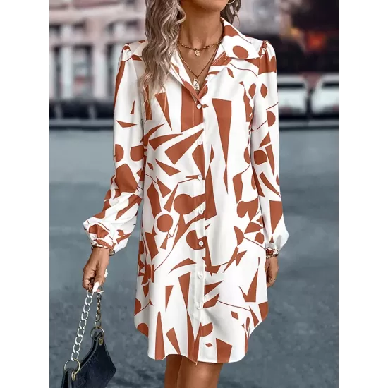 Printed Split-Joint Loose Puff Sleeves Lapel Shirt Dress Mini Dresses Printed Split-Joint Loose Puff Sleeves Lapel Shirt Dress Mini Dresses