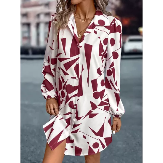Printed Split-Joint Loose Puff Sleeves Lapel Shirt Dress Mini Dresses Printed Split-Joint Loose Puff Sleeves Lapel Shirt Dress Mini Dresses