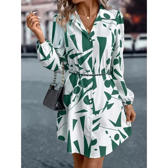 Printed Split-Joint Loose Puff Sleeves Lapel Shirt Dress Mini Dresses Printed Split-Joint Loose Puff Sleeves Lapel Shirt Dress Mini Dresses