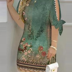 Hollow Printed Split-Joint Loose Short Sleeves Round-Neck Mini Dresses