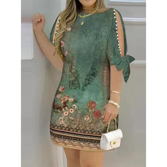Hollow Printed Split-Joint Loose Short Sleeves Round-Neck Mini Dresses Hollow Printed Split-Joint Loose Short Sleeves Round-Neck Mini Dresses