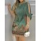 Hollow Printed Split-Joint Loose Short Sleeves Round-Neck Mini Dresses
