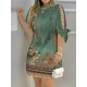 Hollow Printed Split-Joint Loose Short Sleeves Round-Neck Mini Dresses Hollow Printed Split-Joint Loose Short Sleeves Round-Neck Mini Dresses