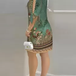 Hollow Printed Split-Joint Loose Short Sleeves Round-Neck Mini Dresses