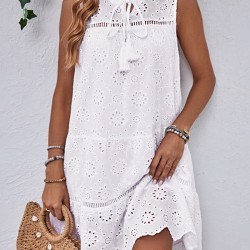 Hollow Lace-Up Solid Color Split-Joint Loose Sleeveless Round-Neck Mini Dresses