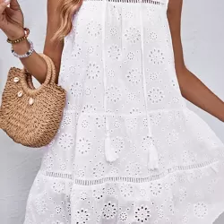 Hollow Lace-Up Solid Color Split-Joint Loose Sleeveless Round-Neck Mini Dresses