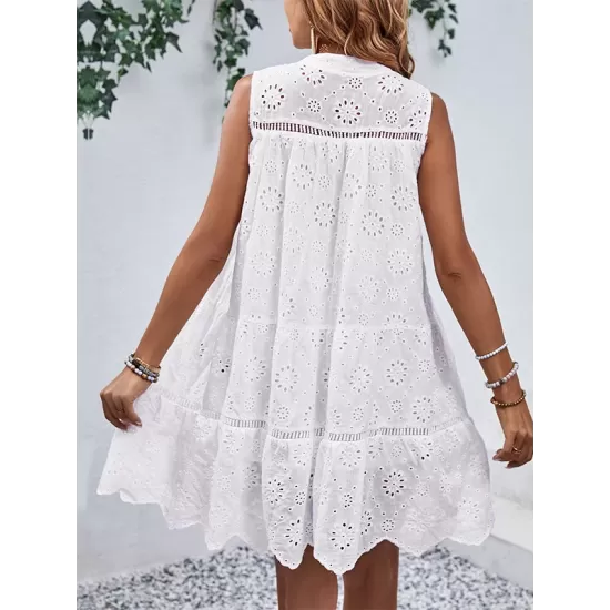 Hollow Lace-Up Solid Color Split-Joint Loose Sleeveless Round-Neck Mini Dresses Hollow Lace-Up Solid Color Split-Joint Loose Sleeveless Round-Neck Mini Dresses