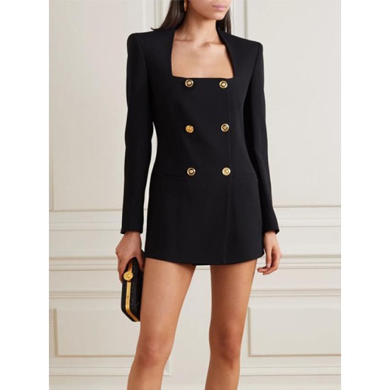 Buttoned Pockets Shoulder Pad A-Line High Waisted Square-Neck Mini Dresses Blazer Buttoned Pockets Shoulder Pad A-Line High Waisted Square-Neck Mini Dresses Blazer