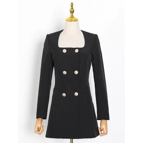Buttoned Pockets Shoulder Pad A-Line High Waisted Square-Neck Mini Dresses Blazer Buttoned Pockets Shoulder Pad A-Line High Waisted Square-Neck Mini Dresses Blazer