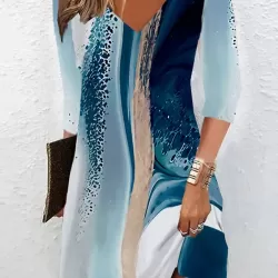 Printed A-line Loose V-neck Mini Dresses