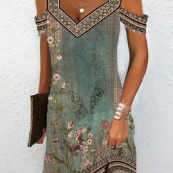 Flower Print Hollow A-Line High Waisted Cold Shoulder Mini Dresses