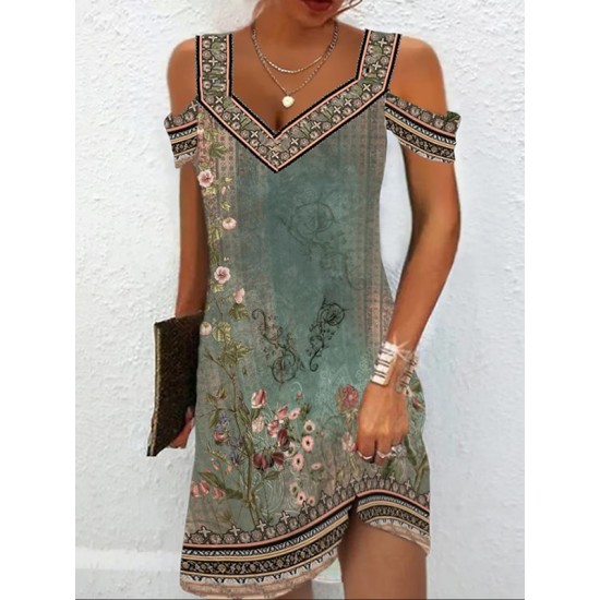 Flower Print Hollow A-Line High Waisted Cold Shoulder Mini Dresses Flower Print Hollow A-Line High Waisted Cold Shoulder Mini Dresses