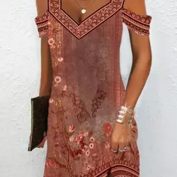 Flower Print Hollow A-Line High Waisted Cold Shoulder Mini Dresses