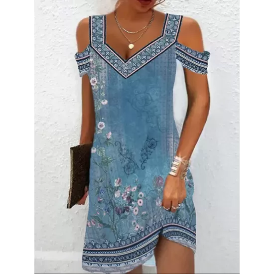 Flower Print Hollow A-Line High Waisted Cold Shoulder Mini Dresses Flower Print Hollow A-Line High Waisted Cold Shoulder Mini Dresses