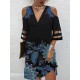 Flower Print Hollow Mesh Split-Joint Half Sleeves Loose Cold Shoulder Mini Dresses Flower Print Hollow Mesh Split-Joint Half Sleeves Loose Cold Shoulder Mini Dresses