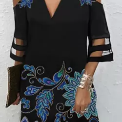 Flower Print Hollow Mesh Split-Joint Half Sleeves Loose Cold Shoulder Mini Dresses
