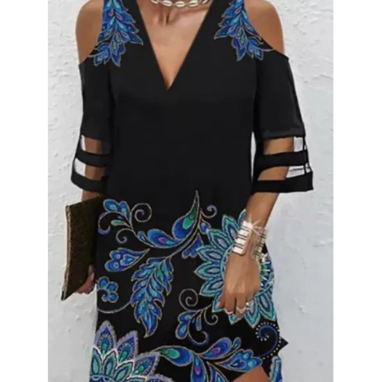 Flower Print Hollow Mesh Split-Joint Half Sleeves Loose Cold Shoulder Mini Dresses Flower Print Hollow Mesh Split-Joint Half Sleeves Loose Cold Shoulder Mini Dresses