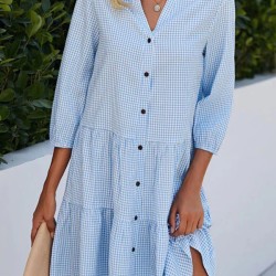 Buttoned Plaid Split-Joint A-Line Loose Stand Collar Shirt Dress Mini Dresses