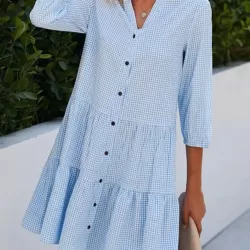 Buttoned Plaid Split-Joint A-Line Loose Stand Collar Shirt Dress Mini Dresses