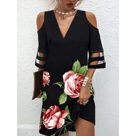Flower Print Hollow Mesh Split-Joint Half Sleeves Loose Cold Shoulder Mini Dresses Flower Print Hollow Mesh Split-Joint Half Sleeves Loose Cold Shoulder Mini Dresses