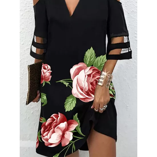 Flower Print Hollow Mesh Split-Joint Half Sleeves Loose Cold Shoulder Mini Dresses Flower Print Hollow Mesh Split-Joint Half Sleeves Loose Cold Shoulder Mini Dresses